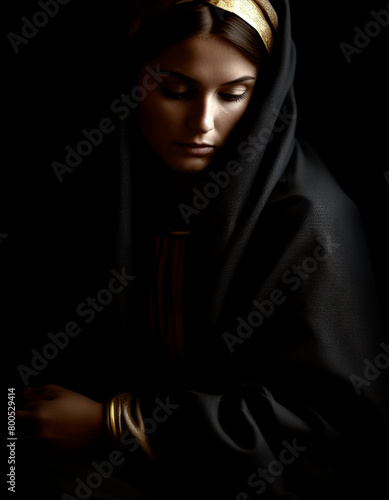 Virgen María con túnica negra de luto y el rostro triste
