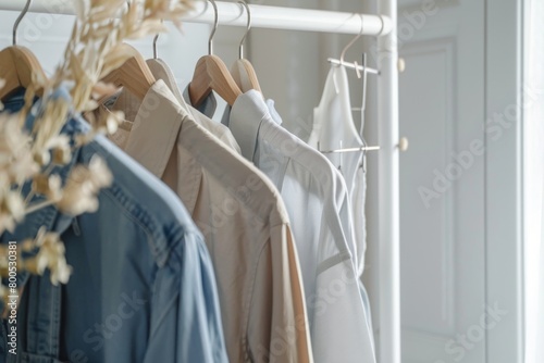 Clean clothes hanging on rack after professional dry-cleaning indoors with white background