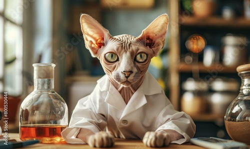 A hairless cat wearing a lab coat sits at a table with a beaker and other scientific equipment. AI.