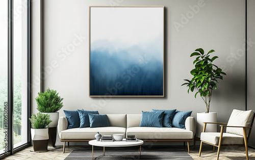 Blank wooden frame mockup on the wall in a modern living room with white and blue tones. For commercial uses such as promoting your own painting . Generative AI.