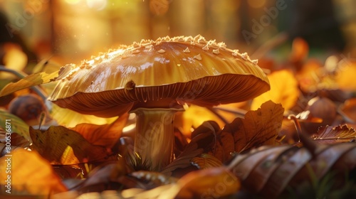 A close-up of a porcini mushroom nestled among autumn leaves, its golden cap and delicate gills glistening in the sunlight.
