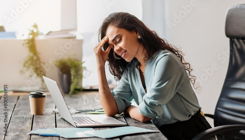 Woman feeling stress and headache while working on laptop at home office. 