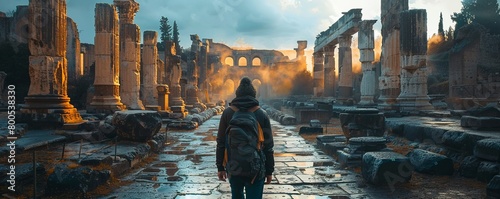 Traveler man in the roman ruins