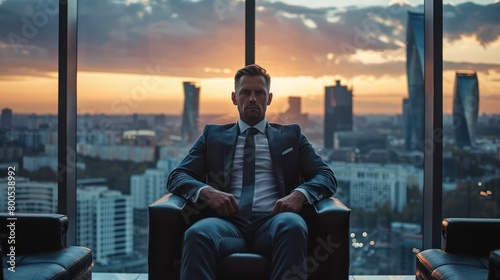 A businessman with a serious expression oversees a cityscape at dusk, exuding power and contemplation