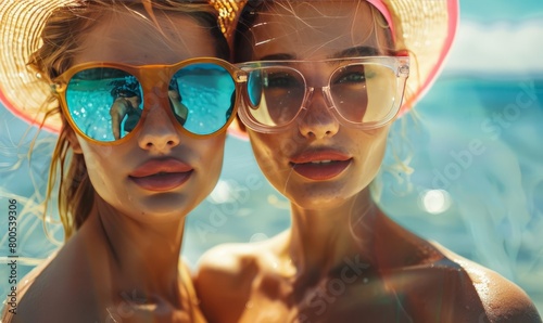 Female friends on beach in sun visors