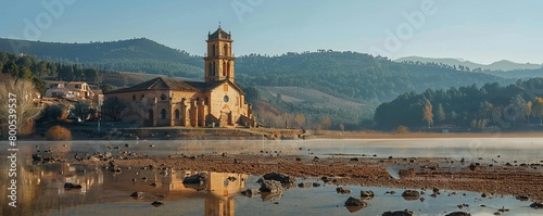 The church of San Roman de Sau on view after being flooded in the Sau reservoir, Panta de Sau, due to Catalonia's biggest drought in history