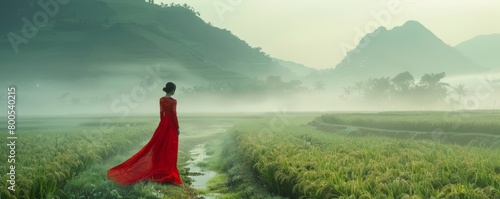 woman in red dress in misty landscape of ricefield in Vietnam