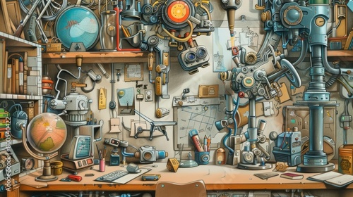 A colored pencil drawing portrays an inventors lab with gadgets that morph and adapt, emphasizing the embrace of innovation in an artistic cartoon concept