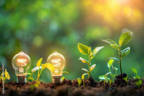 A light bulb surrounded by growing plants with a nature background.