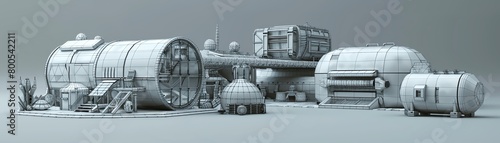 Futuristic space habitat mesh wireframe, including living quarters, labs, and greenhouses