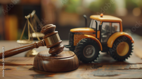 Wooden gavel on judge's bench, realistic mini tractor, symbolizing justice, law and judicial decisions in the field