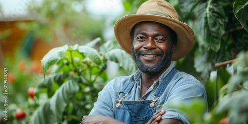 Portrait of black Male botanist standing at organic farm with clippers while looking at camera