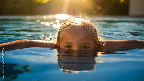 Dziewczynka zanurzona w wodzie, w tle promienie słońca o zachodzie na wakacjach