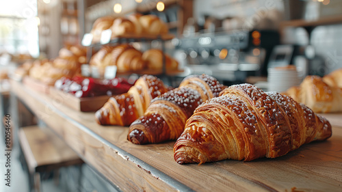 A bakery counter with fresh croissants