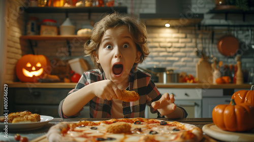 The boy eats pizza with great pleasure. A child is eating pizza in the kitchen.