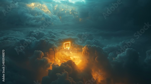 Surreal basketball court floating in a cloud-filled sky, hoop glowing with ethereal light