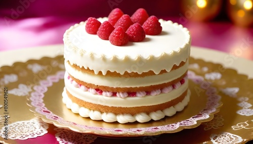 A mouthwatering sight of a vanilla birthday cake, its edges perfectly nibbled, with raspberry accents cascading down the sides, set against a golden foil doily for a touch of elegance.