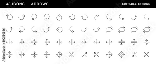 Arrow icon collection. Interface arrows, direction, navigation, right curved, circular arrow, split, merge, expand and more. Editable stroke. Pixel Perfect. Grid base 32 x 32.