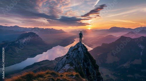 A man stands on a mountain top overlooking a beautiful lake. Concept of personal success