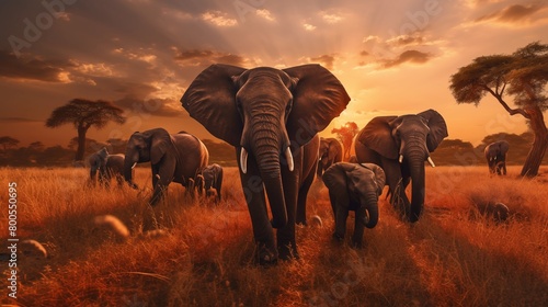 a herd of elephants walking across a dry grass field at sunset with the sun in the background and a few trees in the foreground.