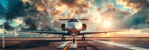 Business jet on the runway against the backdrop of a beautiful sky with beautiful clouds.
