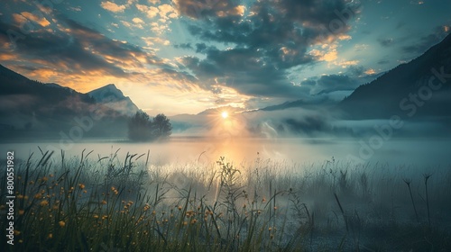 The image captures a serene landscape at sunrise with the sun peeking over the mountains, casting a soft, golden light across the mist-covered lake. The sky is adorned with a scattering of clouds, col