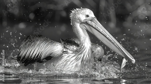  A black-and-white image depicts a pelican diving into water with its beak open