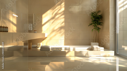 elegante cuarto de baño con tina moderna y sobria con diseño estilo minimalista con entrada de luz natural por medio de un ventanal representando calma y tranquilidad paz y armonía con amplitud