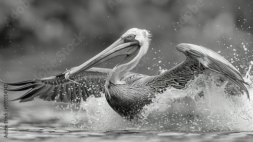  A black-and-white picture captures a pelican soaring off the water as its wings unfurl