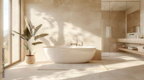 cuarto de baño en casa lujosa de lujo con un espacio amplio y reflejando tranquilidad y calma diseño de interiores moderno y minimalista boho 