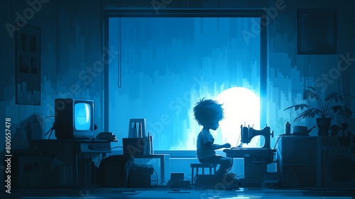 Flat solid color illustration of a young child sewing in a dimly lit room, blue background, detailed depiction of small fingers handling a large needle.