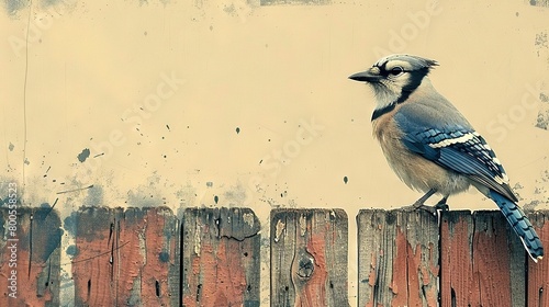  A blue jay perched on a weathered wooden fence adjacent to a sun-yellow wall and an aged wooden fence with rusted planks