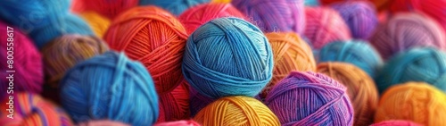 Vibrant balls of wool for knitting, a spectrum of colors to inspire creativity, soft and cozy material for handmade items. Hand knitting and needlework concept.