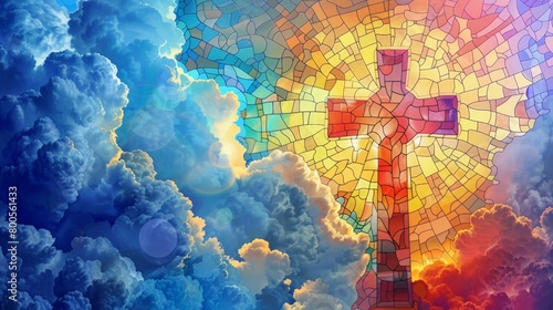 holy cross, stain glass sky and clouds background 