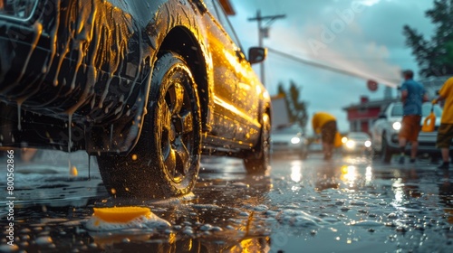 A group of car enthusiasts participating in a car wash fundraiser, using sponges and hoses to scrub vehicles clean for charity.