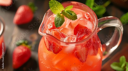 A refreshing pitcher of strawberry lemonade garnished with fresh mint leaves, offering a thirst-quenching and flavorful beverage option.