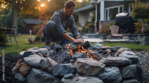 A man building a backyard fire pit for outdoor gatherings and cozy evenings, stacking stones and arranging seating.