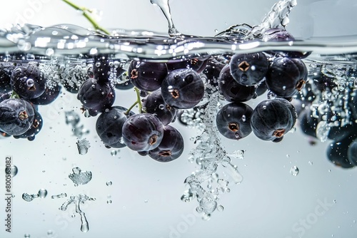 blackcurrant berries plunging into water fruit splash photography