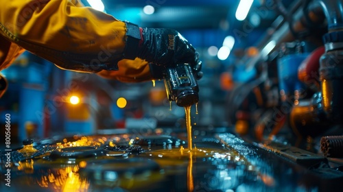 A technician performing an oil change on a car, draining old oil and replacing it with fresh oil to maintain engine lubrication and performance.