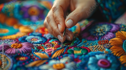 A woman embroidering a colorful design onto fabric, creating intricate patterns with needle and thread in a traditional handicraft.