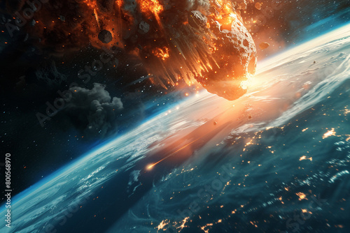 A dramatic scene of an asteroid exploding in the Earths atmosphere, a protective shield preventing a catastrophic impact 