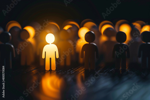 A figure standing out with a distinct glow, leading a group in the dark, representing leadership, guidance, and differentiation 