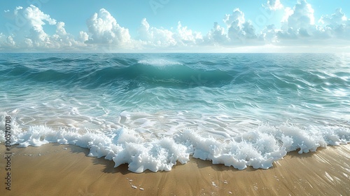  A painting depicts a wave approaching a sandy shore under a blue sky and cloud-filled background