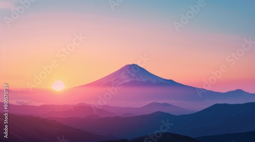 A serene sunrise scene with Mount Fuji silhouetted against a pastel-colored sky, heralding the start of a new day in Japan's iconic landscape.