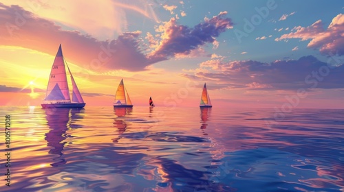 A serene sunset scene with colorful sailboats gliding across calm waters, a tranquil moment of beauty and relaxation.