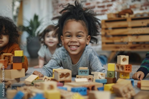 Smiling children playing with block, experiencing childhood happiness