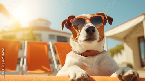 jack russell terrier dog with sunglasses sunbathing on sun lounger.