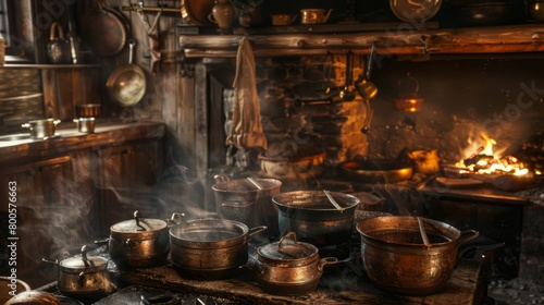 A traditional kitchen scene with pots simmering over an open fire, capturing the rustic charm of old-world cooking techniques.