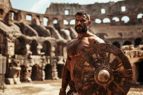 Ancient Gladiator Armoring Up, Posing Strength in Arena
