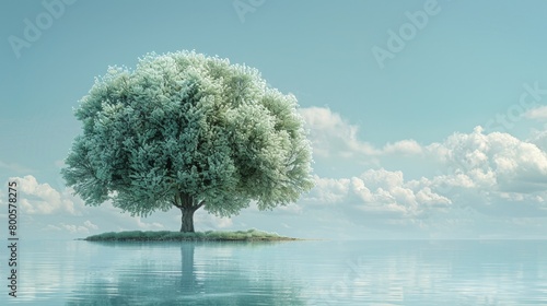 a lone tree sitting on an island in the middle of the water